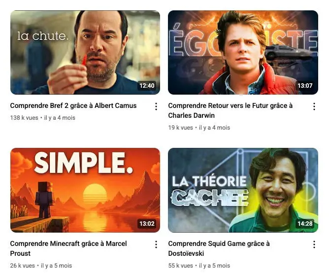 Liste de vidéos YouTube : Comprendre Bref 2 grâce à Albert Camus ; Retour vers le futur grâce à Darwin ; Minecraft grâce à Proust ; Squid Game grâce à Dostoïevski.