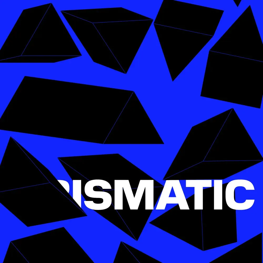 Prismes noirs sur fond bleu foncé, le titre en blanc, à moitié masqué par un prisme.