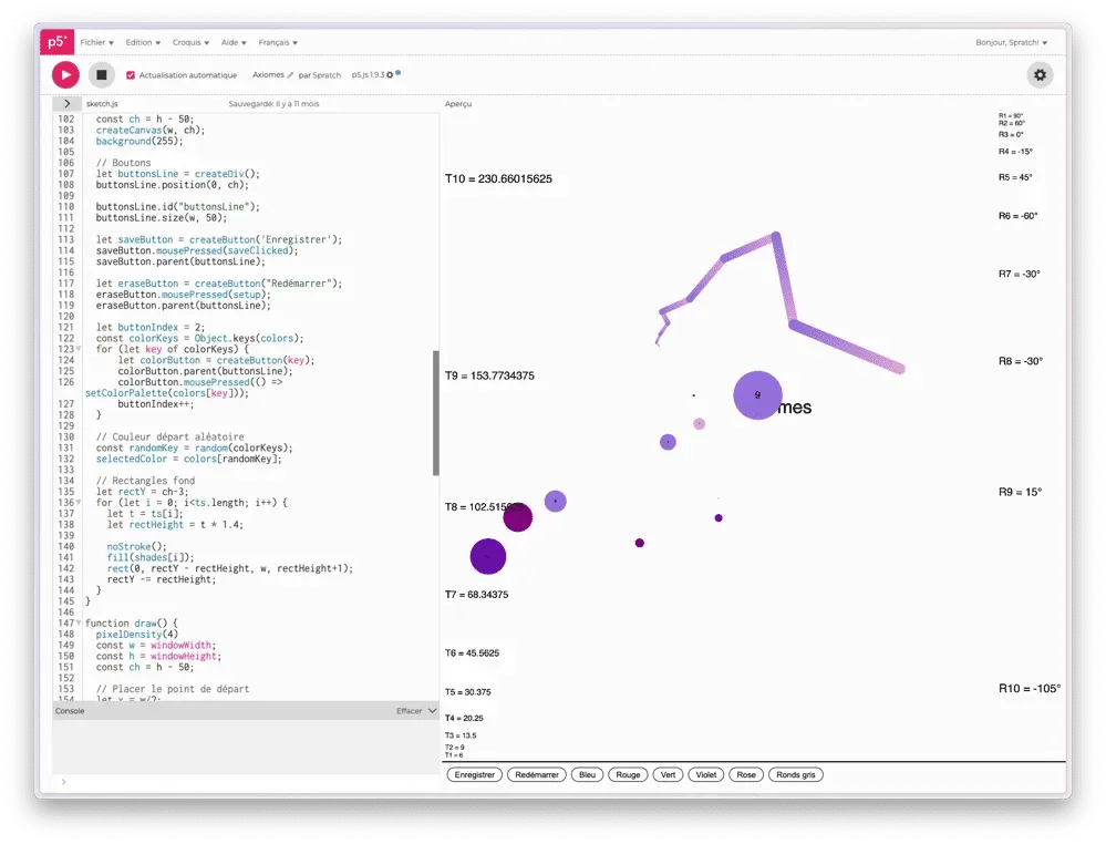Interface de P5.js avec le code et le résultat généré. Des segments violets se touchants.