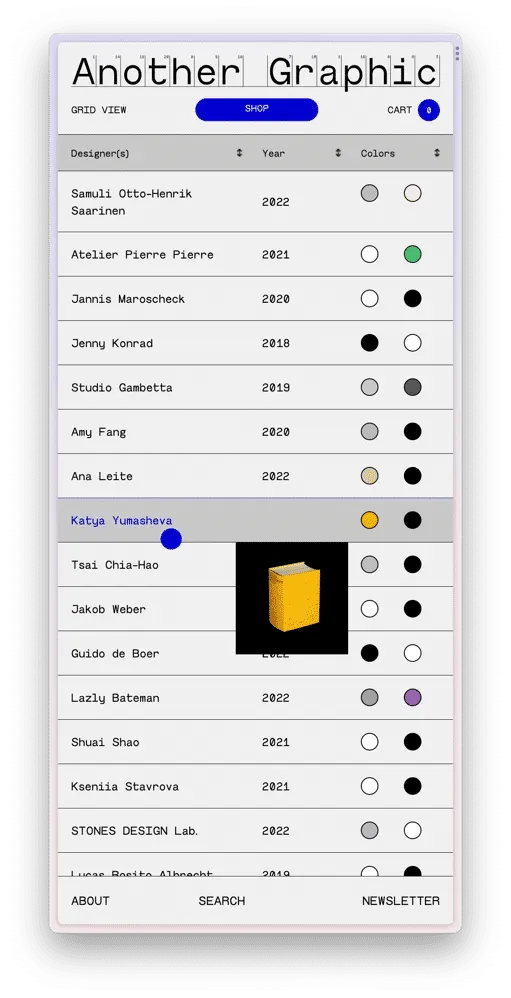 Capture d’écran du site en format mobile affichant une liste de designers graphique, accompagnés de dates et de deux ronds de couleur. Un item est survolé et affiche l’image du projet associé.