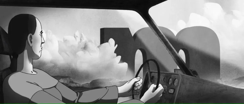 Une personne conduisant une voiture, regardant par la fenêtre une lettre géante en volume perdue dans le paysage.