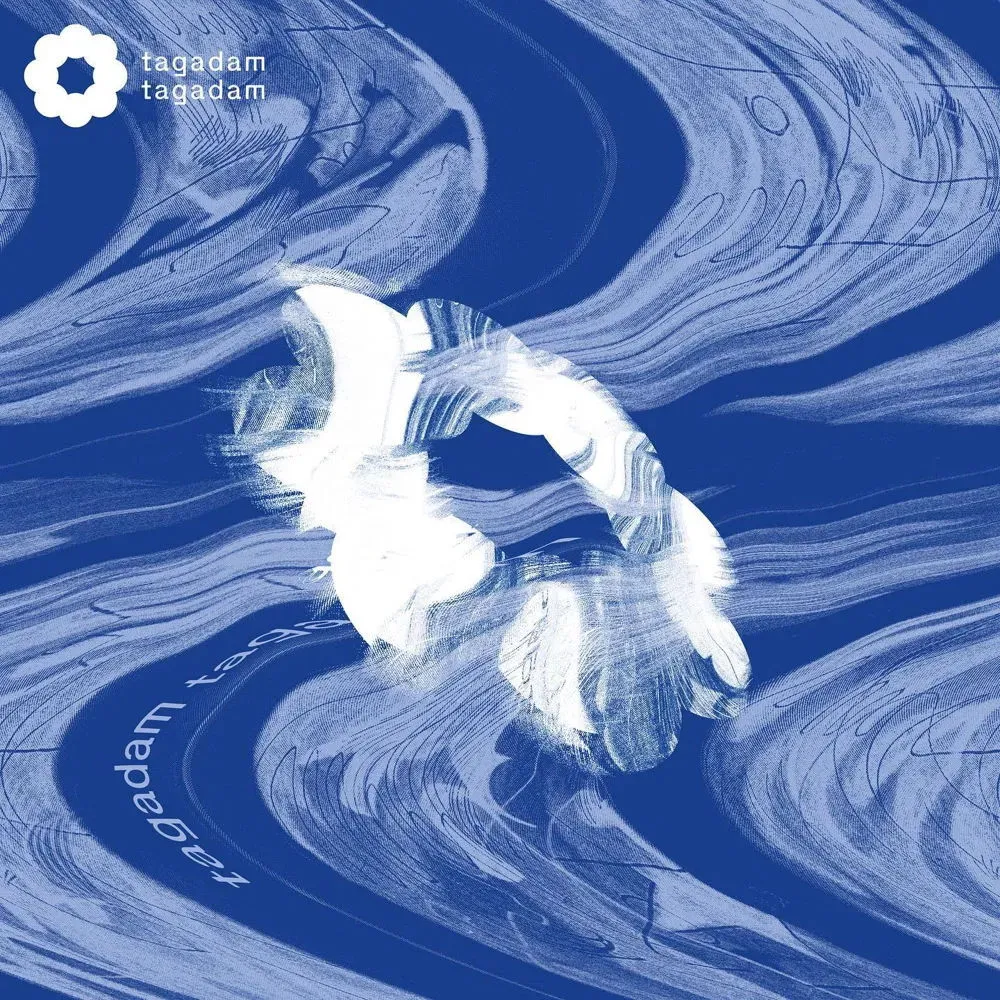 Un dessin en bichromie bleue, déformé en arrière plan, un symbole géométrique blanc avec le titre en haut à gauche, le même symbole en perspective au centre, et altéré par des effets.