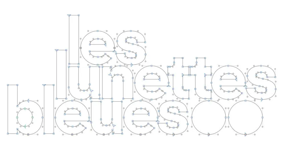 Le même logotype, mais en capture d’écran sur un logiciel de dessin de caractères, en contours avec les nœuds et les poignées visibles.