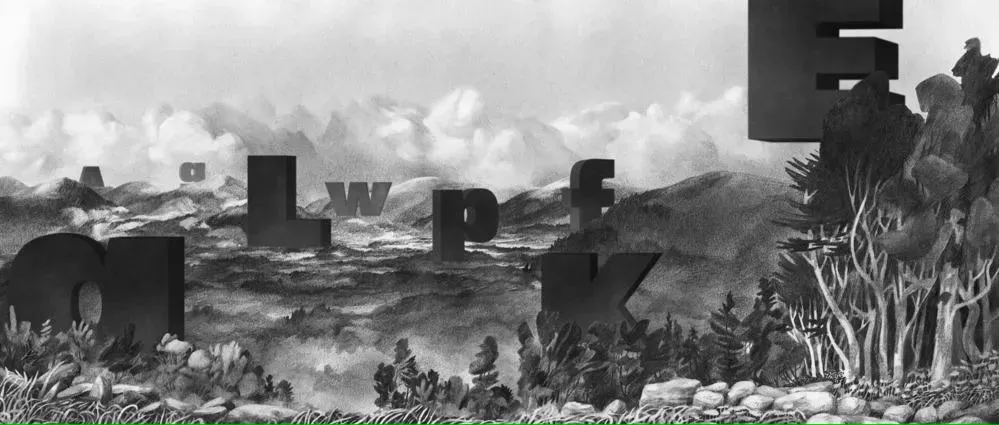 Un panorama montagneux dans lequel se fond une série de lettres géantes en volume.