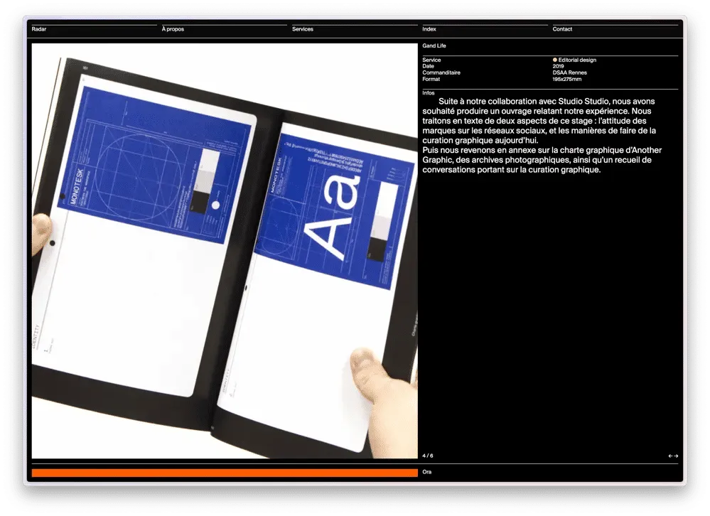 Un site web au fond noir, et l’écriture blanche, des carousels d’image, un design très minimaliste avec beaucoup de filets.