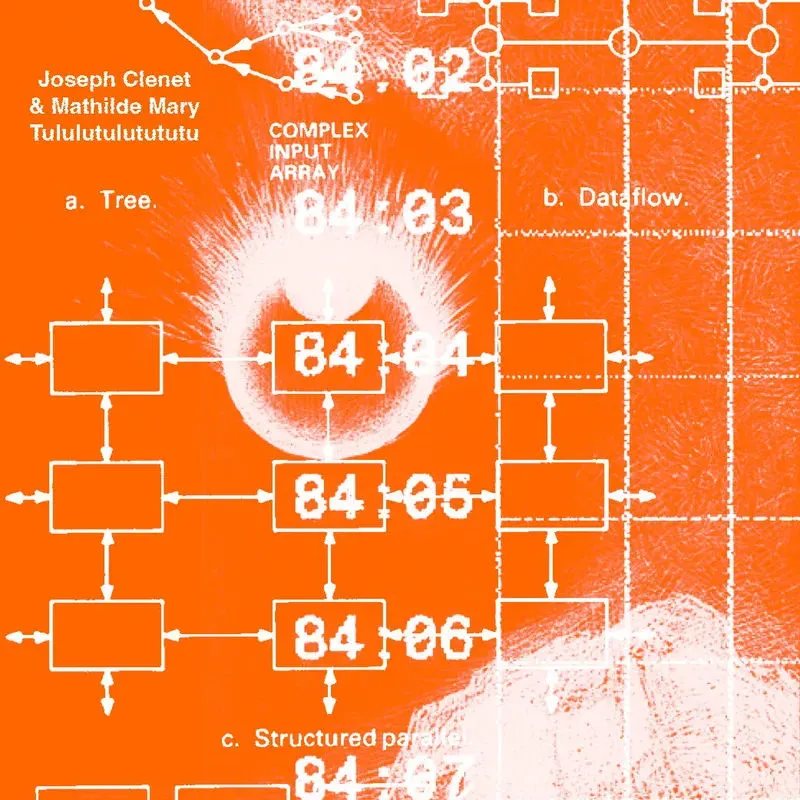 Collage de gravures et schémas techniques en blanc sur fond orange.