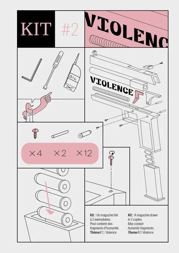 Couverture de la revue, avec le logo, la thématique, et une illustration expliquant de manière fictive comment monter un pistolet étapes par étapes, dans un style Ikea.