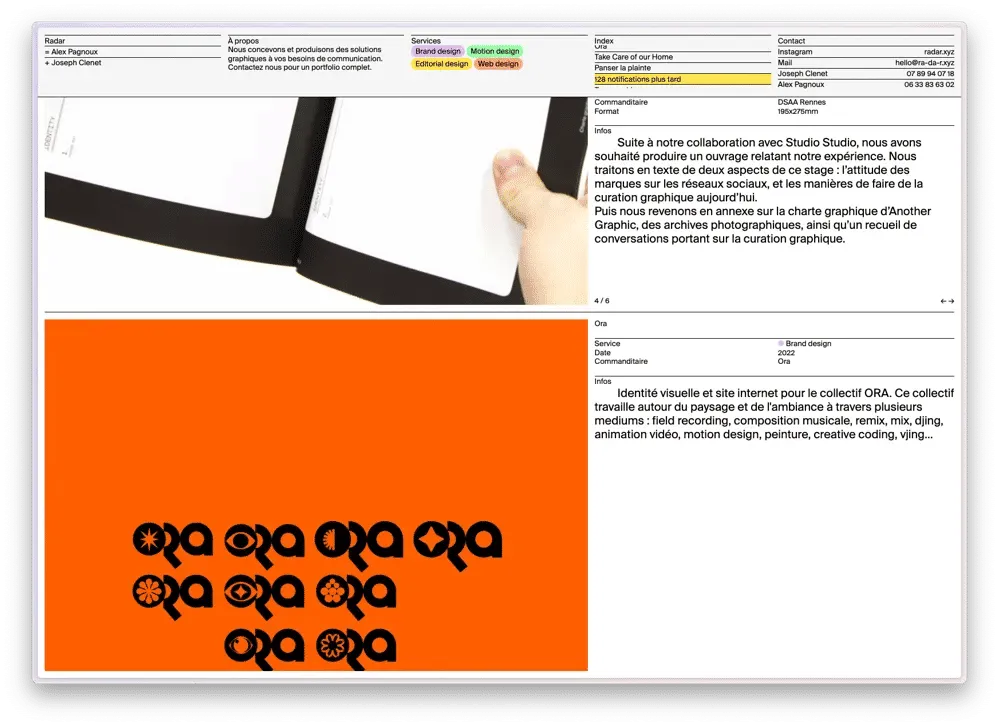 Le même site, en clair, le header présente un introduction, des catégories de projets, un index des projets et nos contacts.