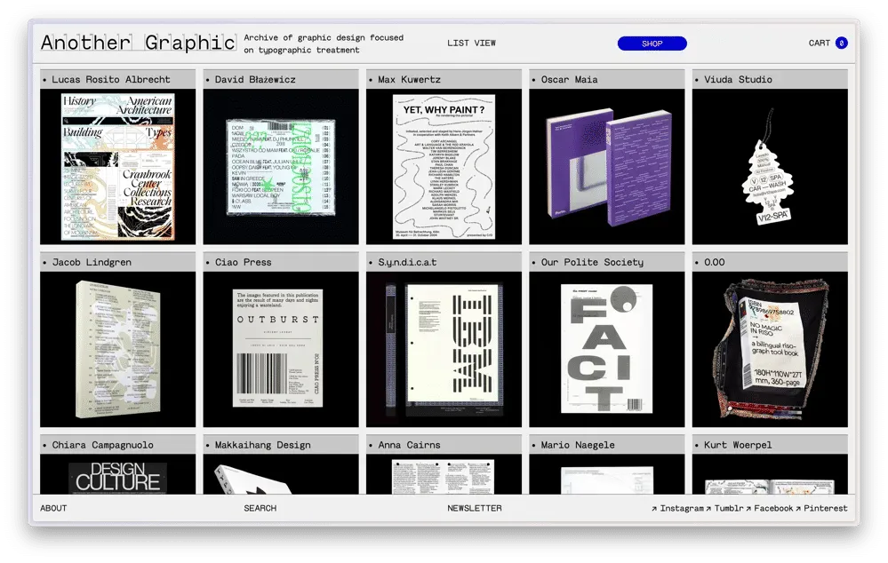 Capture d’écran du site en format laptop, affichant une grille de travaux de différents designers graphique, chacun sur fond noir.