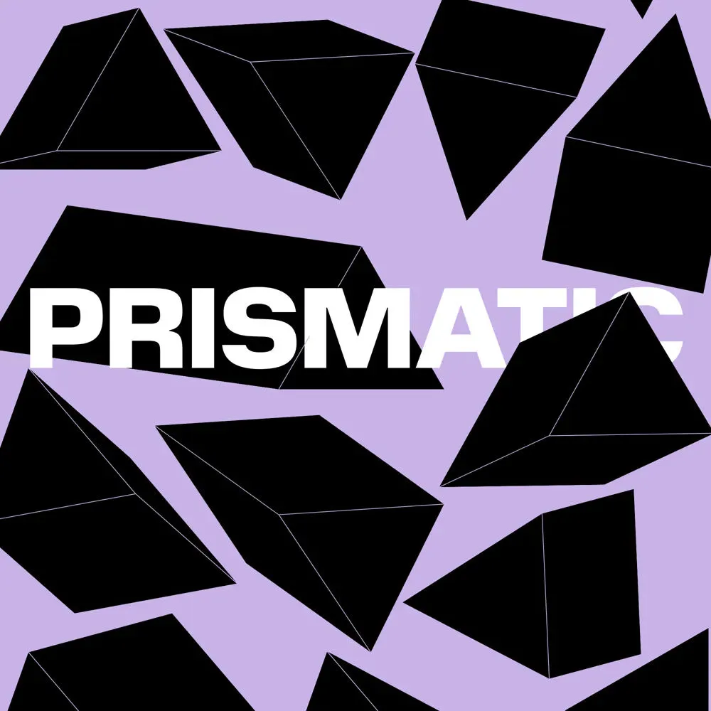 Prismes noirs sur fond violet, le titre en blanc, à moitié masqué par un prisme.