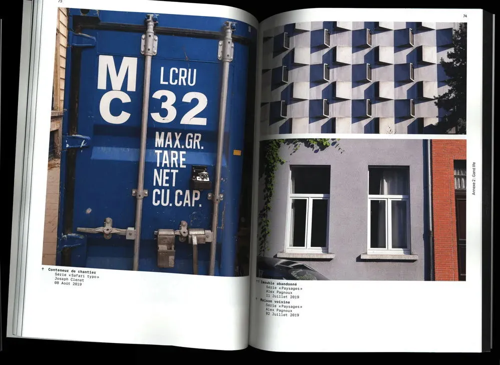 Double page avec trois photos de Gand, la première un détail sur les écritures techniques d’un container, les deux autres sur des motifs architecturaux urbains.